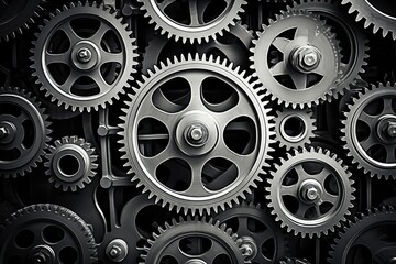 Close-up view of intricate metallic gears interlocking in a complex mechanism