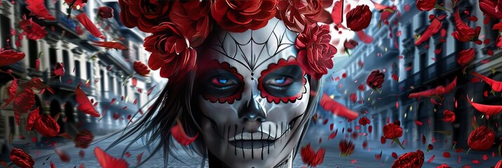 Calavera, floral, colorful, --ar 3:1 --sref 511 Job ID: 79a690fe-9d87-4562-8c65-e4b876e89f26