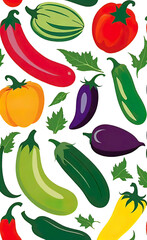 full color silkscreen printing, perfect silhouettes of eggplants, zucchini, tomatoes, peppers, cucumbers on a white background, background for advertising vegetables and fruits