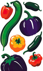 Fototapeta premium full color silkscreen printing, perfect silhouettes of eggplants, zucchini, tomatoes, peppers, cucumbers on a white background, background for advertising vegetables and fruits