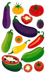 full color silkscreen printing, perfect silhouettes of eggplants, zucchini, tomatoes, peppers, cucumbers on a white background, background for advertising vegetables and fruits