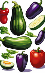 full color silkscreen printing, perfect silhouettes of eggplants, zucchini, tomatoes, peppers, cucumbers on a white background, background for advertising vegetables and fruits