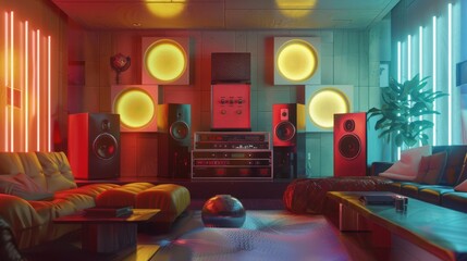 Retro Futuristic Living Room with Neon Lights and Audio System