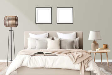 Beige bedroom png, picture frame, transparent mockup