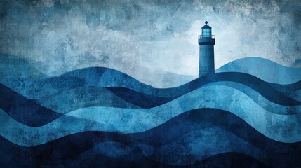 Blue lighthouse painting with waves symbolizing guidance and hope in a stormy sea.