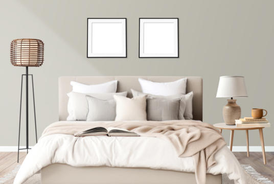 Beige bedroom png, picture frame, transparent mockup