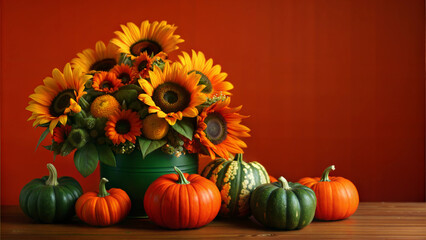 Autumn sunflower and pumpkin arrangement on wooden table for fall decor