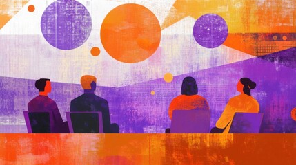 Digital abstract showing four people sitting with colorful circles in the background.