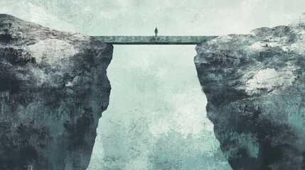 Solitary figure stands on narrow bridge between cliffs, representing courage and determination.