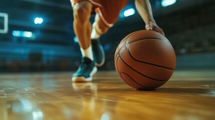 Close-up of a basketball player dribbling the ball