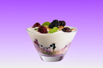 Bowl of mixed berries with oats,yogurt and honey and garnished with mint.