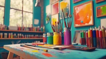 Colorful art studio with array of paint jars