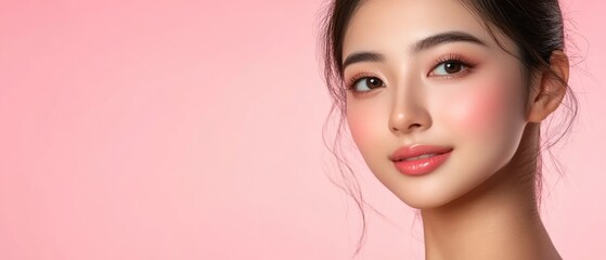 Fototapeta premium Beautiful Woman with clean fresh skin on pink background
