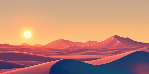 Desert with dunes rolling into the distance, the sun rising above the horizon and casting light, flat illustration