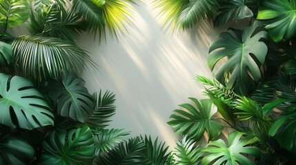 lush tropical oasis with vibrant exotic plants palm fronds and monstera leaves framing a central space soft white background with dappled sunlight filtering through