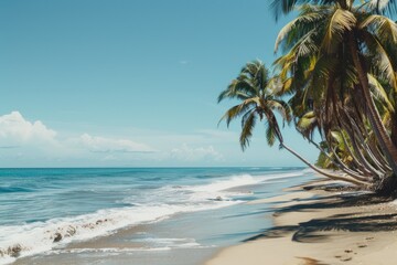 A serene beach scene with palm trees swaying and waves gently rolling in