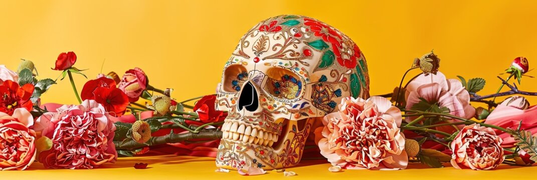 Calavera, floral, colorful, --ar 3:1 --sref 551 Job ID: d74826df-b6f7-4de4-adb5-a1a71d60e7a4