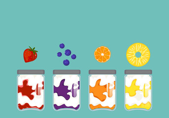 Delicious desserts made with raspberry, blueberry, orange, pineapple jam, jars and rolls baked with cream, pancakes and pudding and milk for breakfast or dinner. Vector illustration in flat style.
