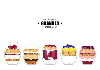 Vector illustration of healthy food, fruit Berries with yogurt and granola Delicious layered cream dessert in glass icon isolated on background. Nuts, grains, oatmeal, and berries in glass vector.
