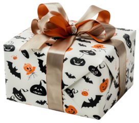 Spooky Surprise: A Halloween gift wrapped in white paper adorned with bats and skulls, tied with a ribbon, isolated on transparent background.
