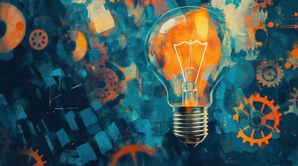 Illuminated light bulb surrounded by abstract gears and colorful patterns in conceptual art