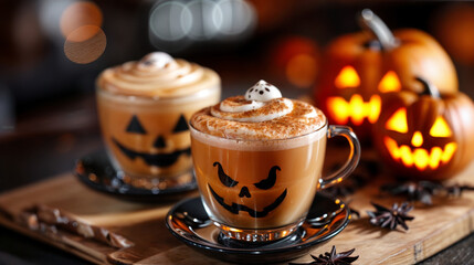 Festive halloween themed coffee mugs with whipped cream and cinnamon on wooden table