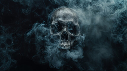Frontal view of a human skull enveloped in swirling smoke on dark background