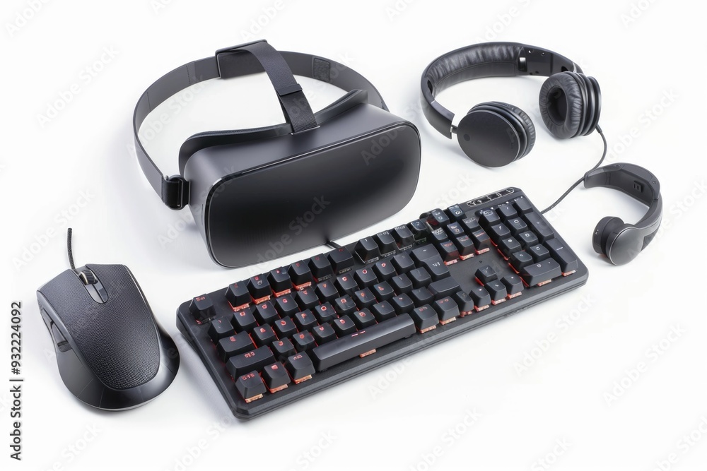 Poster a desktop setup featuring a keyboard, mouse, and headphones for efficient work or gaming