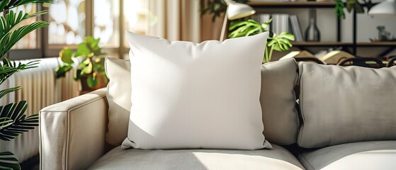 blank white polyester pillow with no pillow sitting on a couch - closeup mockup template 