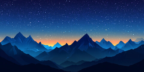 Clear sky filled with stars over a mountain range, with peaks silhouetted against the darkness, flat illustration