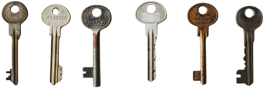 Keys to Success: A collection of vintage keys, each with its unique design and worn patina, symbolizing the passage of time, secrets, isolated on transparent background.