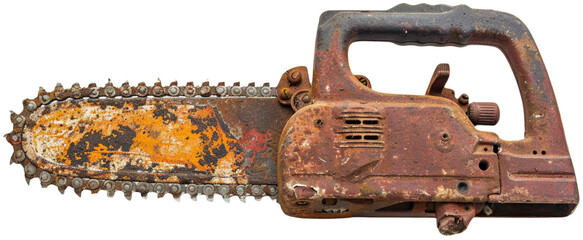 Rusty Chainsaw: A close-up of a weathered and rusty chainsaw, its teeth gleaming ominously in the light. The image evokes a sense of danger and decay, isolated on transparent background.