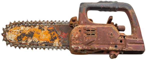 Rusty Chainsaw: A close-up of a weathered and rusty chainsaw, its teeth gleaming ominously in the light. The image evokes a sense of danger and decay, isolated on transparent background.