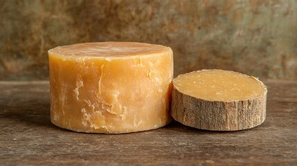   A close-up of two pieces of cheese on a wooden table against a brown background