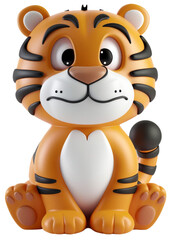 Smiling Tiger Cub Piggy Bank: A cheerful and colorful tiger cub piggy bank sits patiently, ready to guard your savings with a friendly grin isolated on transparent background.