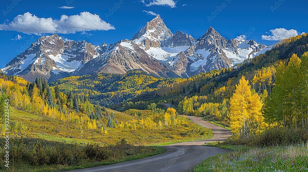 Poster   A stunning view of mountains with a road in the foreground and yellow trees framing it