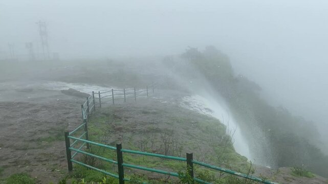 reverse waterfall observed during extremely heavy rains at patan plateau near koynanagar in Konkan, Maharashtra, India