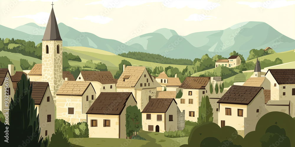 Wall mural Medieval village with stone houses and a church steeple, surrounded by farmland and hills, flat illustration