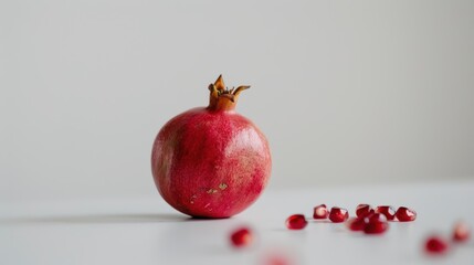 Red pomegranate fruit sits alone on a white surface, surrounded by scattered seeds