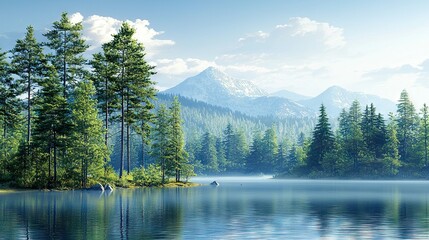 Naklejka premium A pond surrounded by trees and mountains in the background with cloudy skies above it