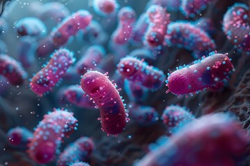 Naklejka premium A vibrant depiction of bacteria in a microscopic view, showcasing their structure and diversity.