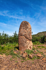 Sandstone Menir da Vilarinha, dating from 6000-4500 BC, in the dry hills near Vale Fuzeiros,...