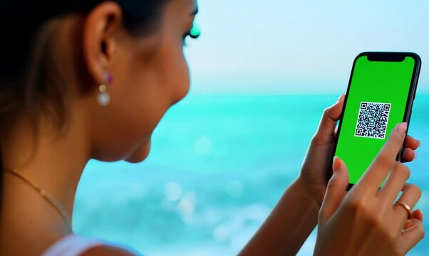 Chroma Green Screen Close-Up of Young Woman Generating QR Code on Smartphone