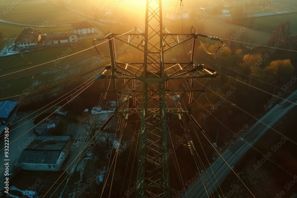 Poster aerial view of a power line against a sunset background