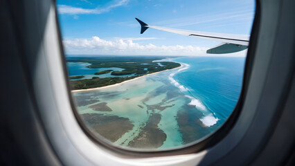 Naklejka premium Aerial View of Pristine Coastline and Turquoise Waters from Airplane Window on a Clear Day