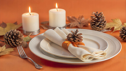Autumn Table Setting with White Candles and Pine Cones