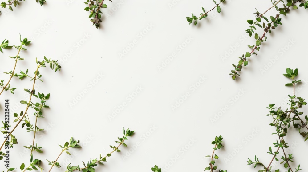 Poster thyme sprigs create a minimalist and natural frame on a white background
