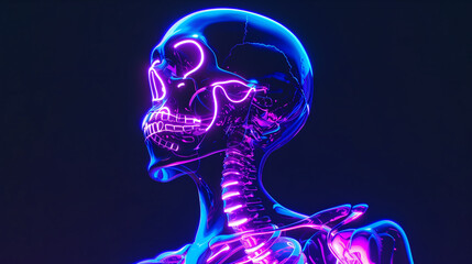Glowing neon skeleton in vibrant blue and green lights on a deep black background, x ray of human skeleton, Halloween