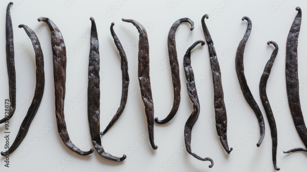 Poster close-up view of intricate details and textures of vanilla pods on a white background, perfect for c