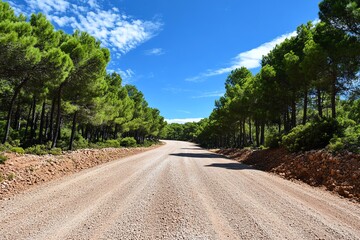 Naklejka premium A scenic dirt road winding through a lush green forest under a bright blue sky, inviting exploration and adventure.
